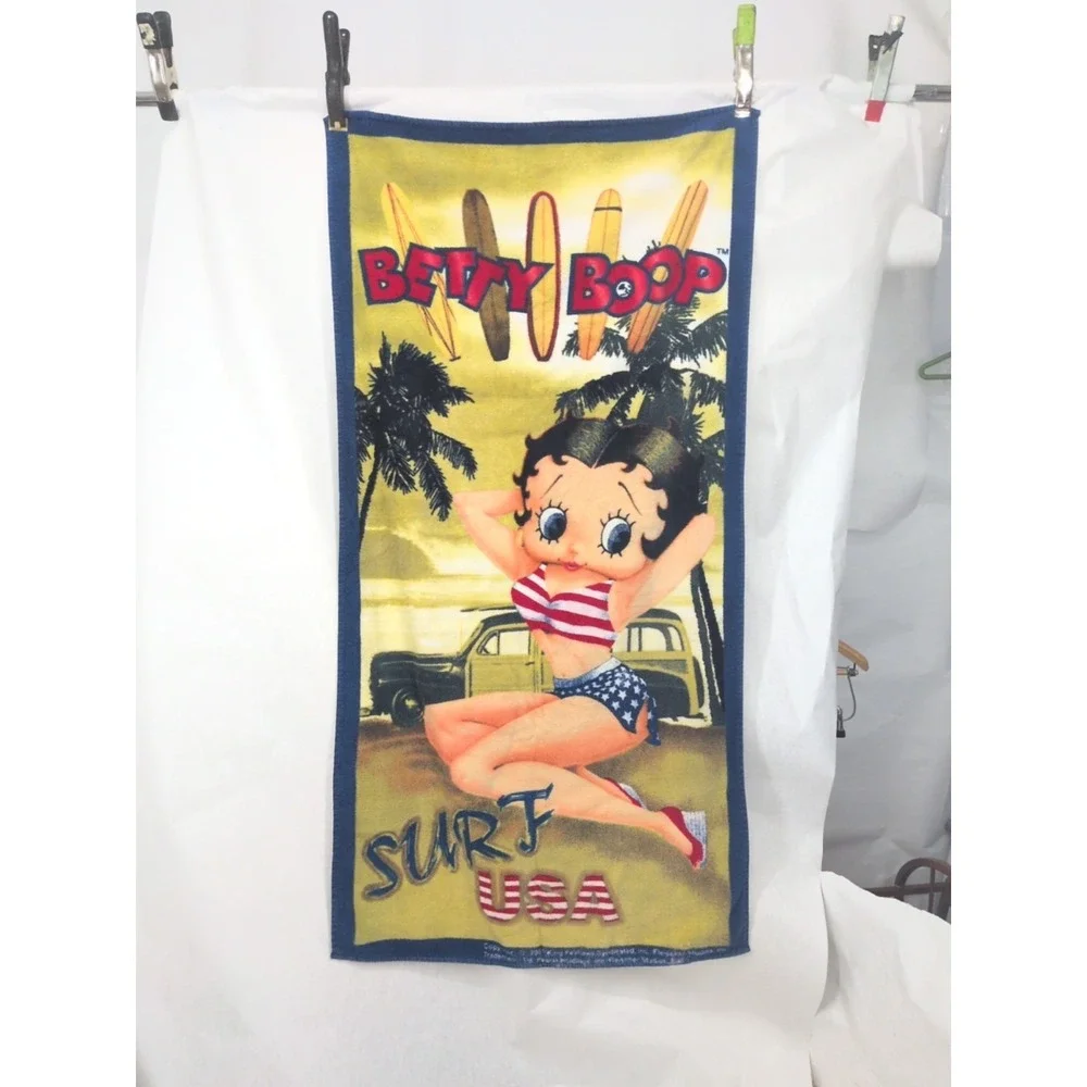 Vintage Betty Boop 90s Beach Towel 27x55 Surf USA Bikini  July 4 Pima Cotton